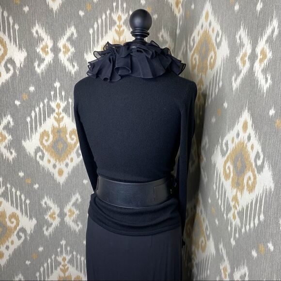 Ralph Lauren Black Cashmere Silk Crepe Ruffled V-neck Long Sleeve Sweater - Picture 12 of 16